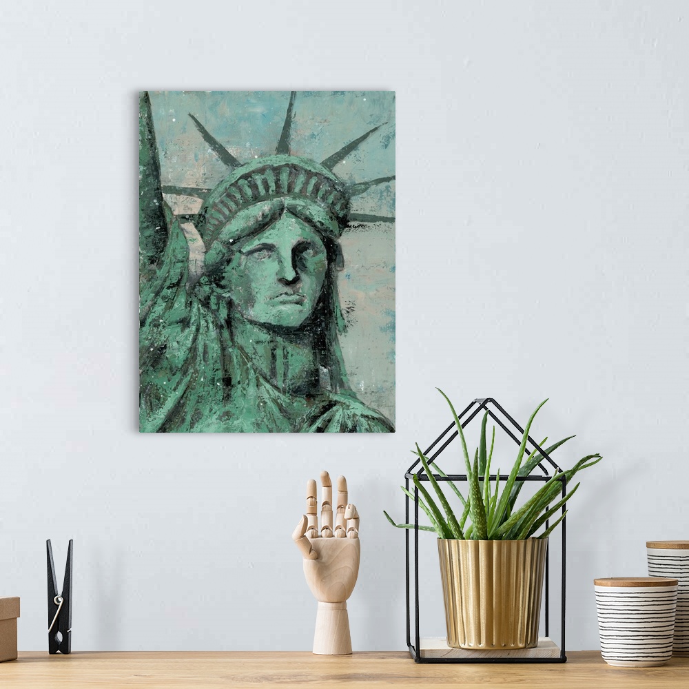 A bohemian room featuring Contemporary painting of the Statue Of Liberty in New York, in subdue green tones, with a distres...