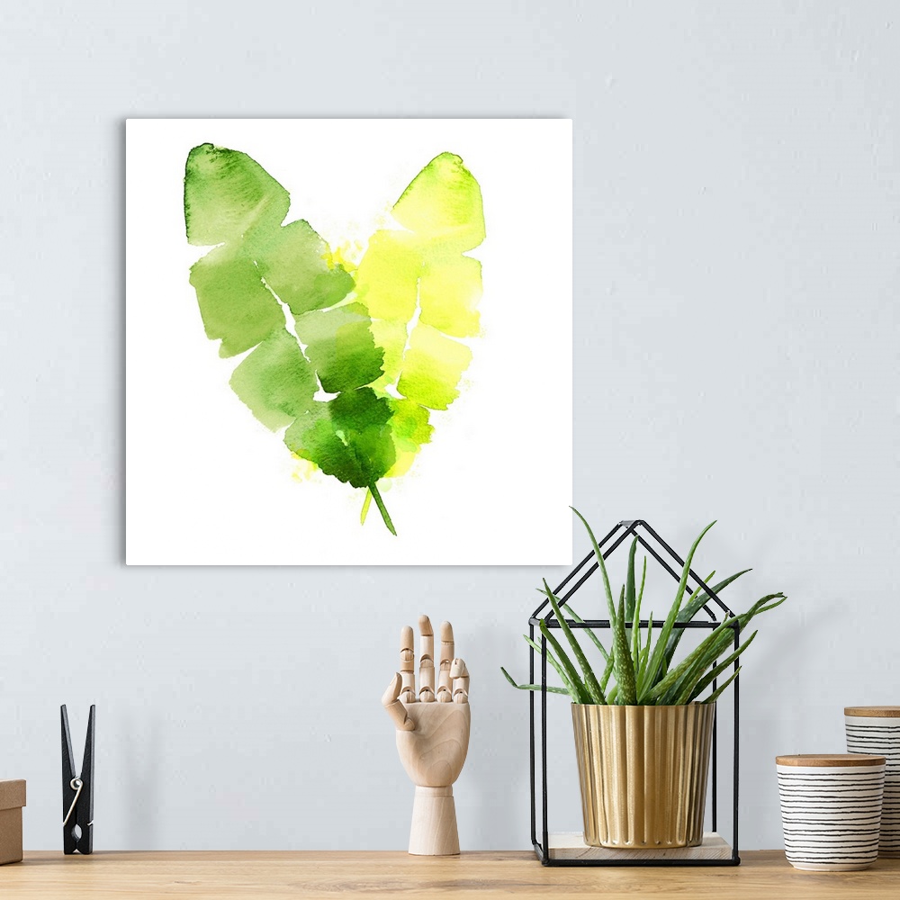 A bohemian room featuring Square decorative watercolor image of banana leaves on a white background.