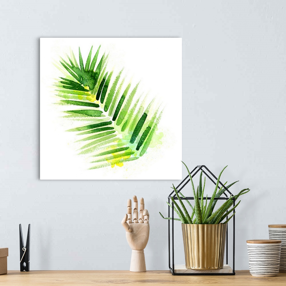 A bohemian room featuring Square decorative watercolor image of palm leaves on a white background.