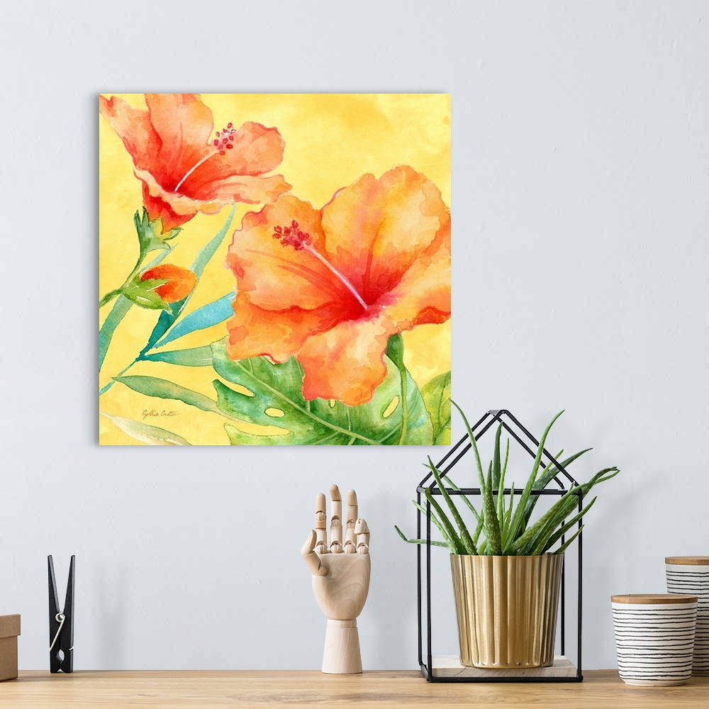 A bohemian room featuring A bright colored painting of orange hibiscus flowers with a yellow background.