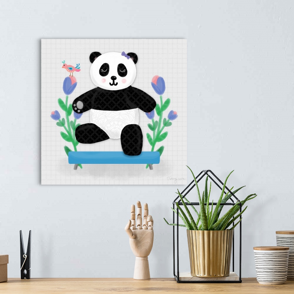 A bohemian room featuring A whimsical design of a black and white panda on a gymnastics balance beam with flowers on a gray...
