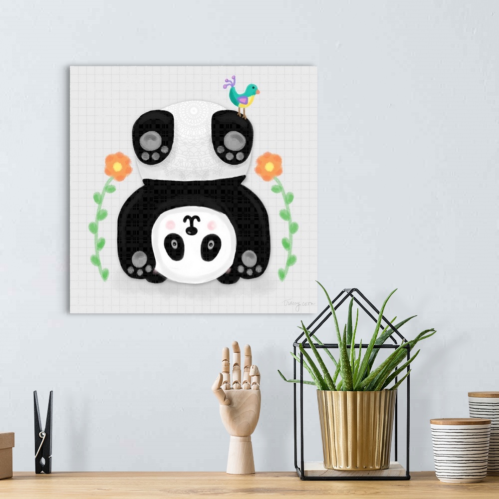A bohemian room featuring A whimsical design of a black and white panda doing a handstand with flowers on a gray and black ...