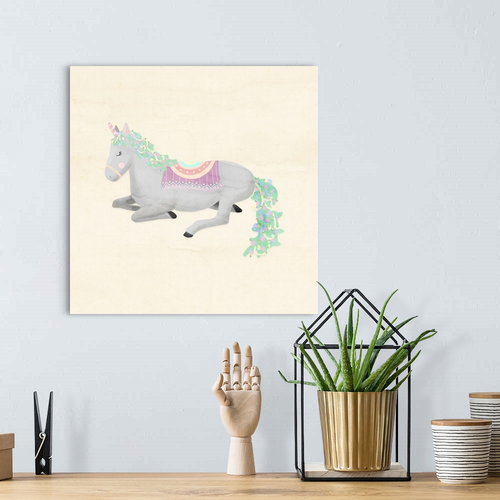 A bohemian room featuring A decorative whimsical design of a gray and green unicorn with a watercolor beige backdrop.