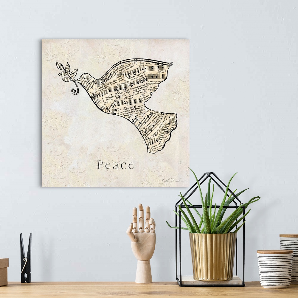 A bohemian room featuring "Peace" along with a dove silhouette made of sheet music on a floral etched neutral background.