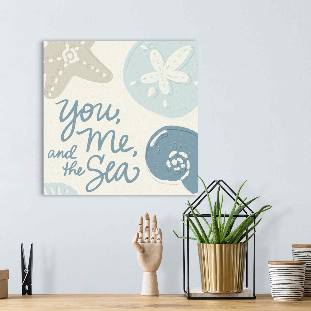 A bohemian room featuring "you, me, and the sea" with sea shells in muted shades of beige and blue on a neutral background.