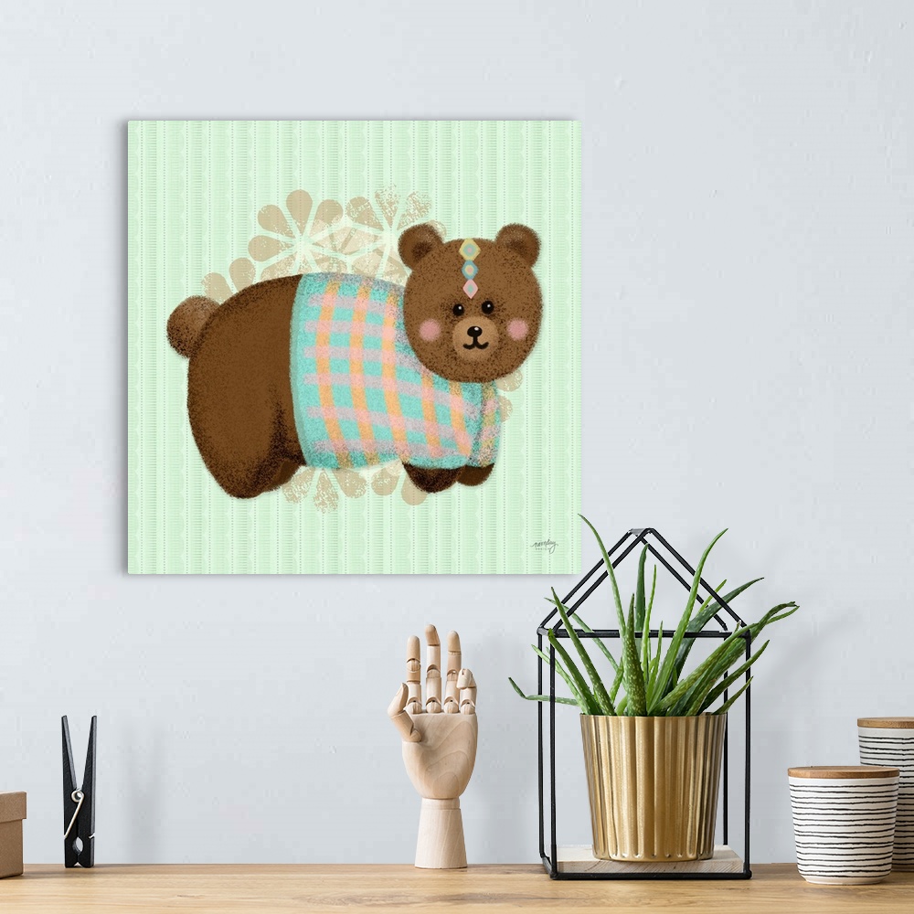 A bohemian room featuring A darling illustration of a brown bear wearing a sweater with a floral pattern on a striped green...