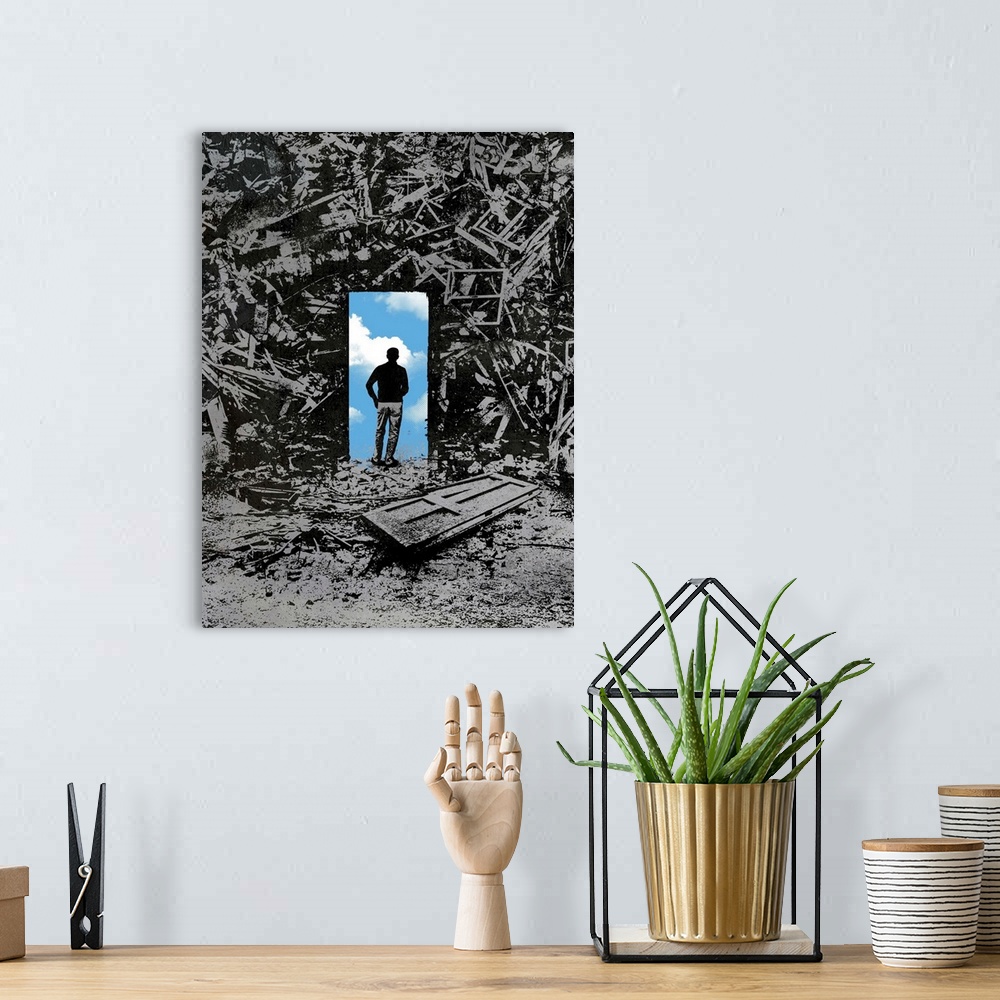 A bohemian room featuring This conceptual illustration shows a silhouetted figure standing on a door way collaged over a ju...