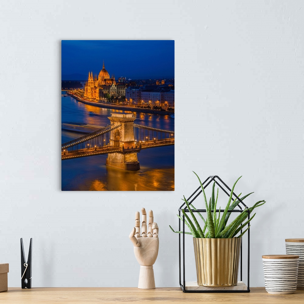 A bohemian room featuring View of the Chain bridge over the River Danube, with the Parliament in the background, Budapest, ...