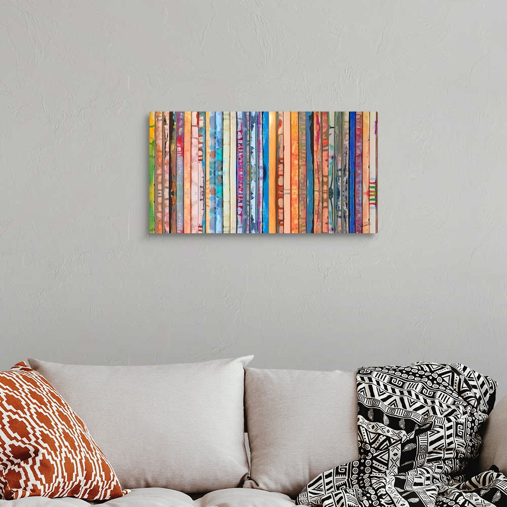 A bohemian room featuring Contemporary abstract painting of slatted bars with vibrant colors.