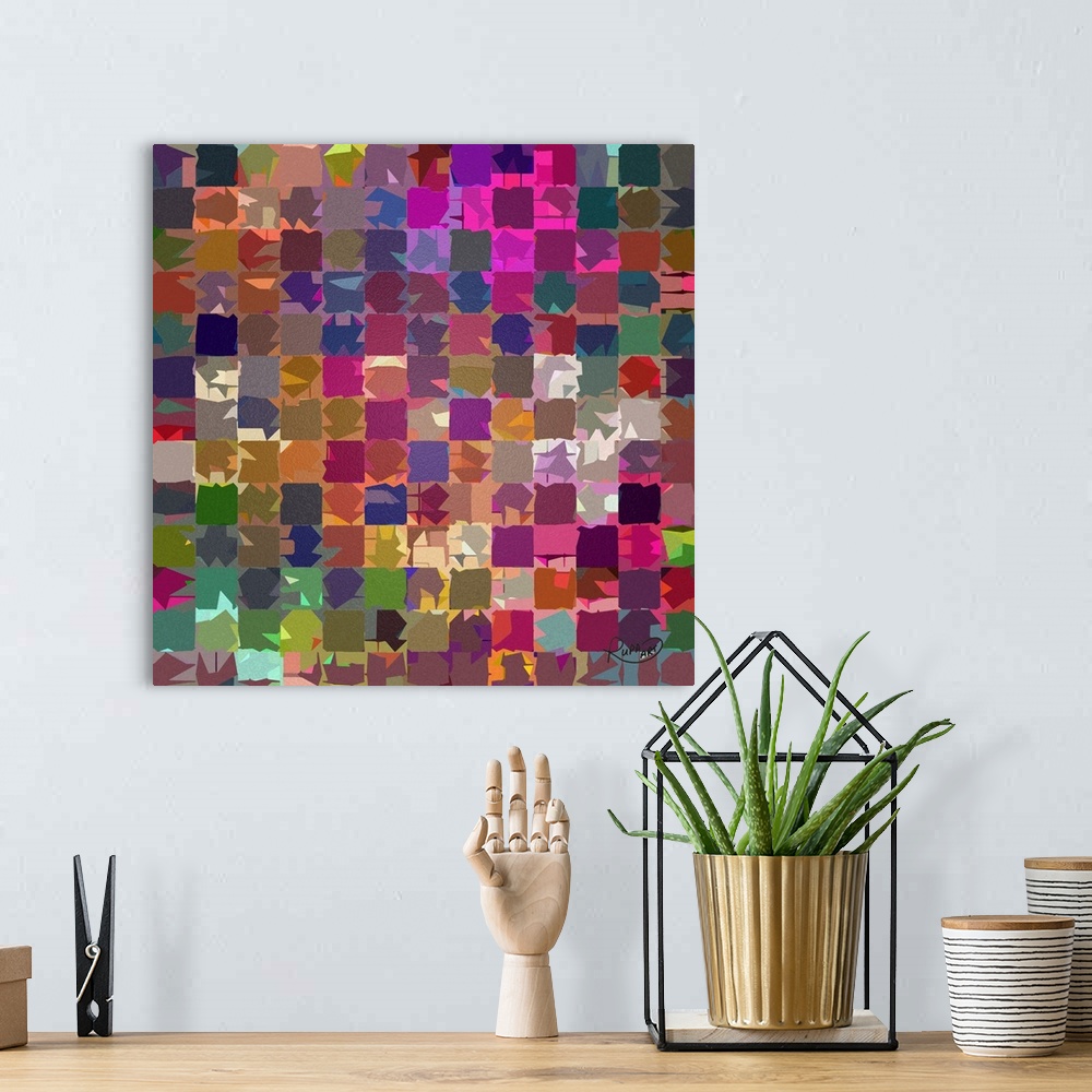 A bohemian room featuring Square abstract piece with a grid of colorful inorganic shapes.