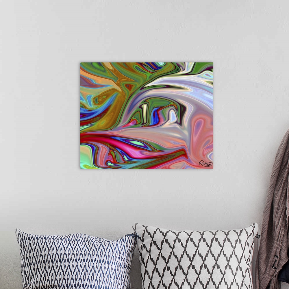 A bohemian room featuring Square abstract art with lines of different gradient color patterns resting comfortably together ...