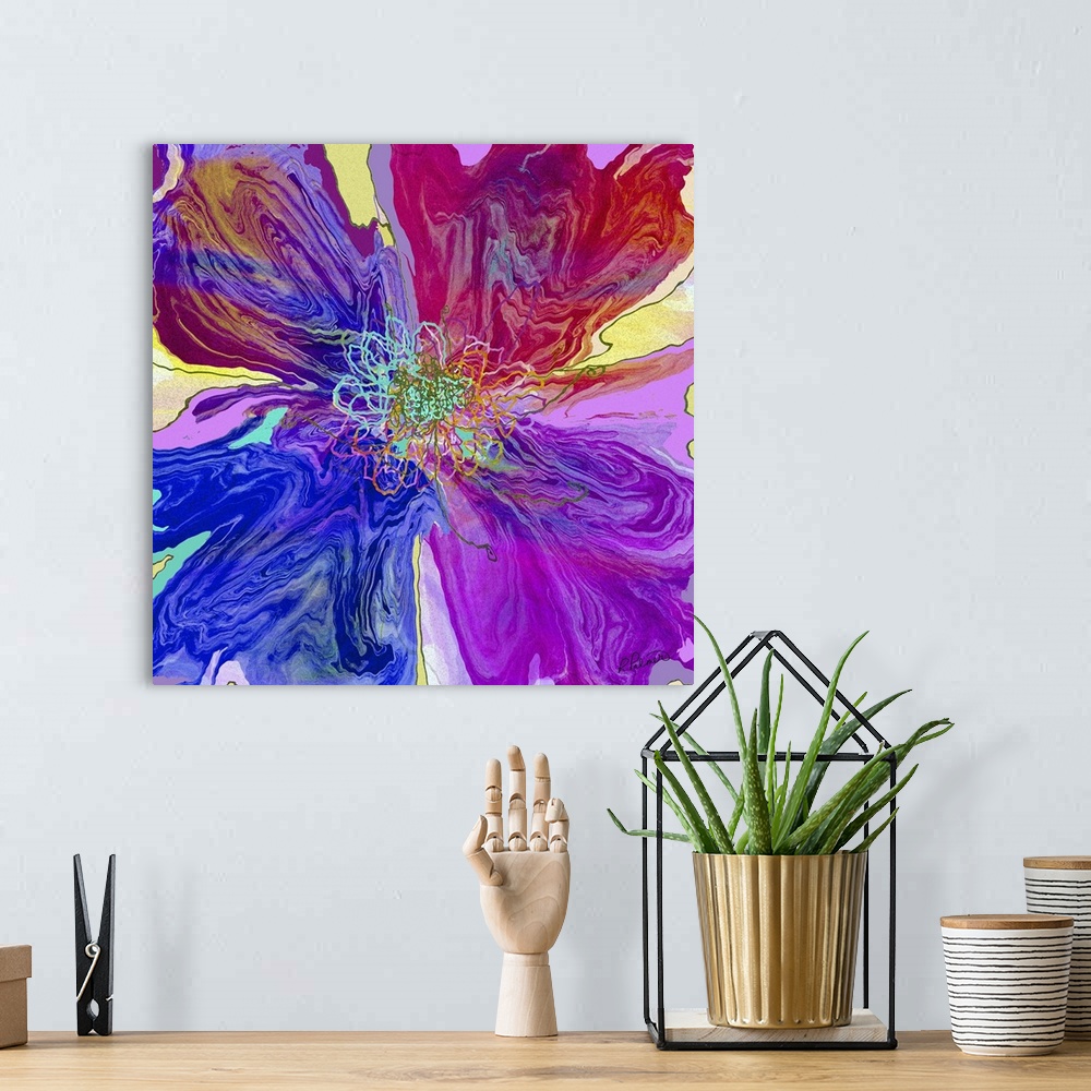 A bohemian room featuring A square image of an abstract flower in vibrant colors.
