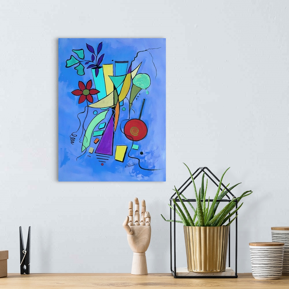 A bohemian room featuring An abstract painting of vases of flowers with ice cream and candy on a blue background.