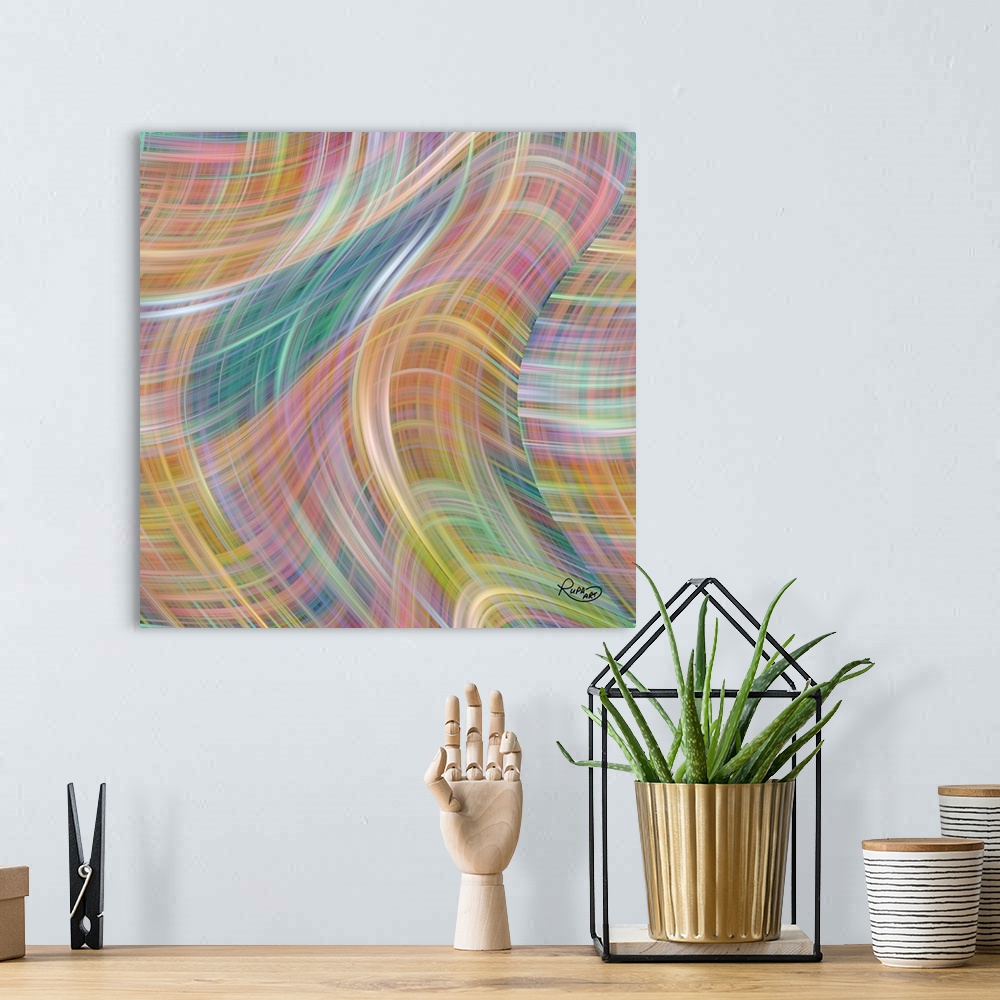 A bohemian room featuring Square abstract of striped swirled shapes in a multi-colored design.