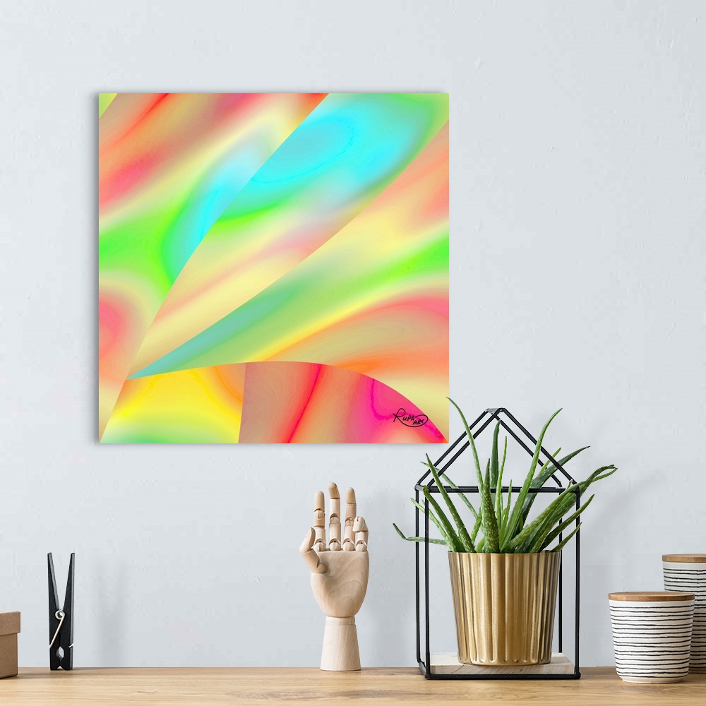 A bohemian room featuring Square abstract art with angles of pastel gradient color patterns.