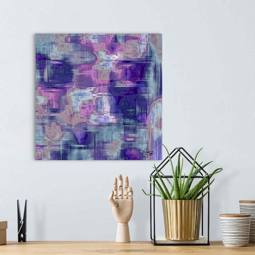 A bohemian room featuring Large abstract art with blue, gray, and purple hues.