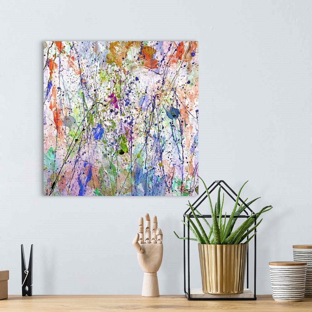 A bohemian room featuring Modern square painting in an abstract expressionist style over pastel colors such as purple, gree...