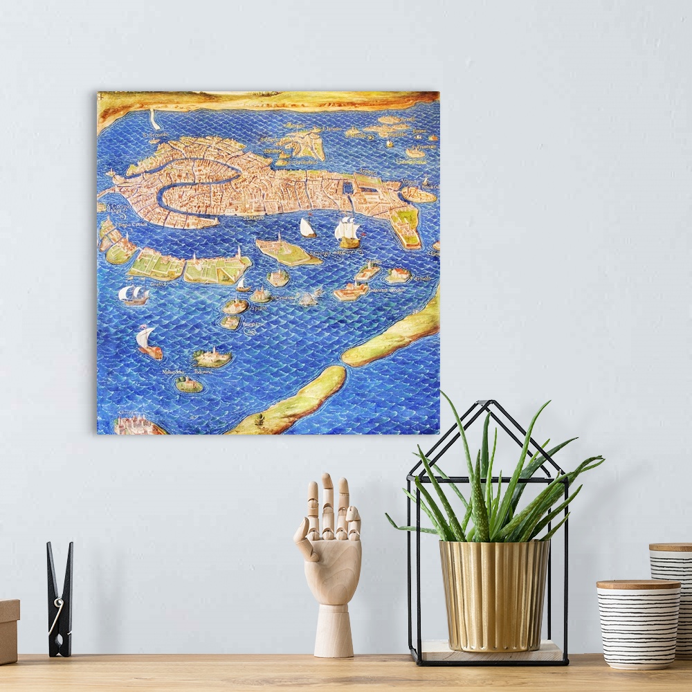 A bohemian room featuring 16th century map of Venice showing the lagoon. Venice is a coastal city in the north-east of Ital...