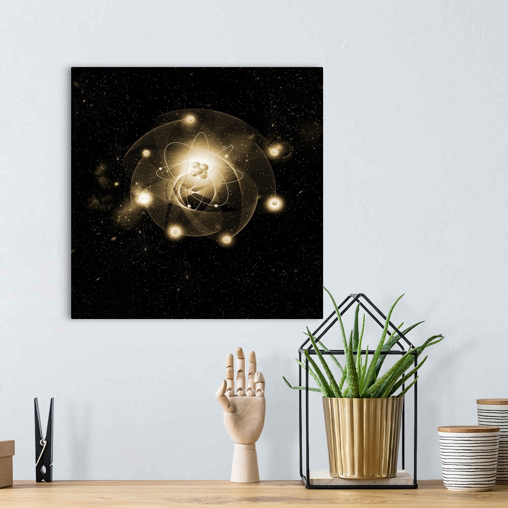 A bohemian room featuring Atomic structure. Conceptual computer artwork of eleven electrons orbiting a central nucleus. Thi...