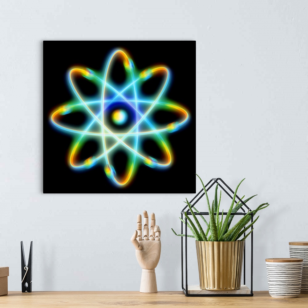 A bohemian room featuring Atomic structure. Conceptual computer artwork representing the structure of an atom. Eight electr...