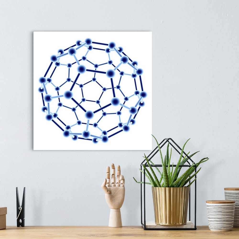 A bohemian room featuring Buckminsterfullerene. Computer graphic of a molecule of buckminsterfullerene (C60). This is a str...