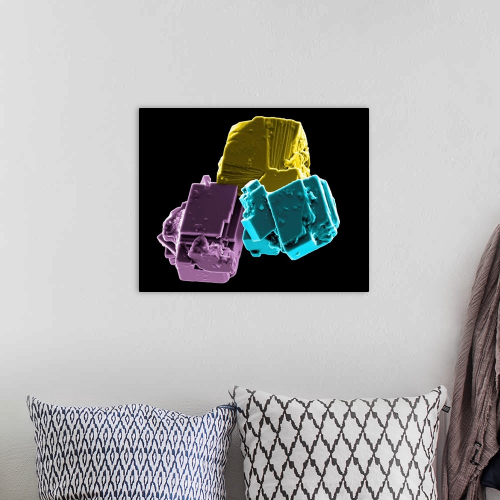 A bohemian room featuring Coloured scanning electron micrograph (SEM) of calcium carbonate cubes. This crystal form (polymo...