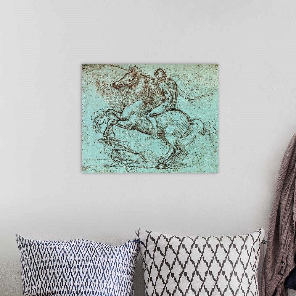 A bohemian room featuring Franscsco Sforza, military leader. Historical artwork of a rider on a rearing horse by the Italia...