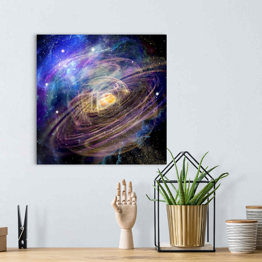 A bohemian room featuring Gravitational waves. Illustration of two neutron stars colliding and emitting gravitational waves...