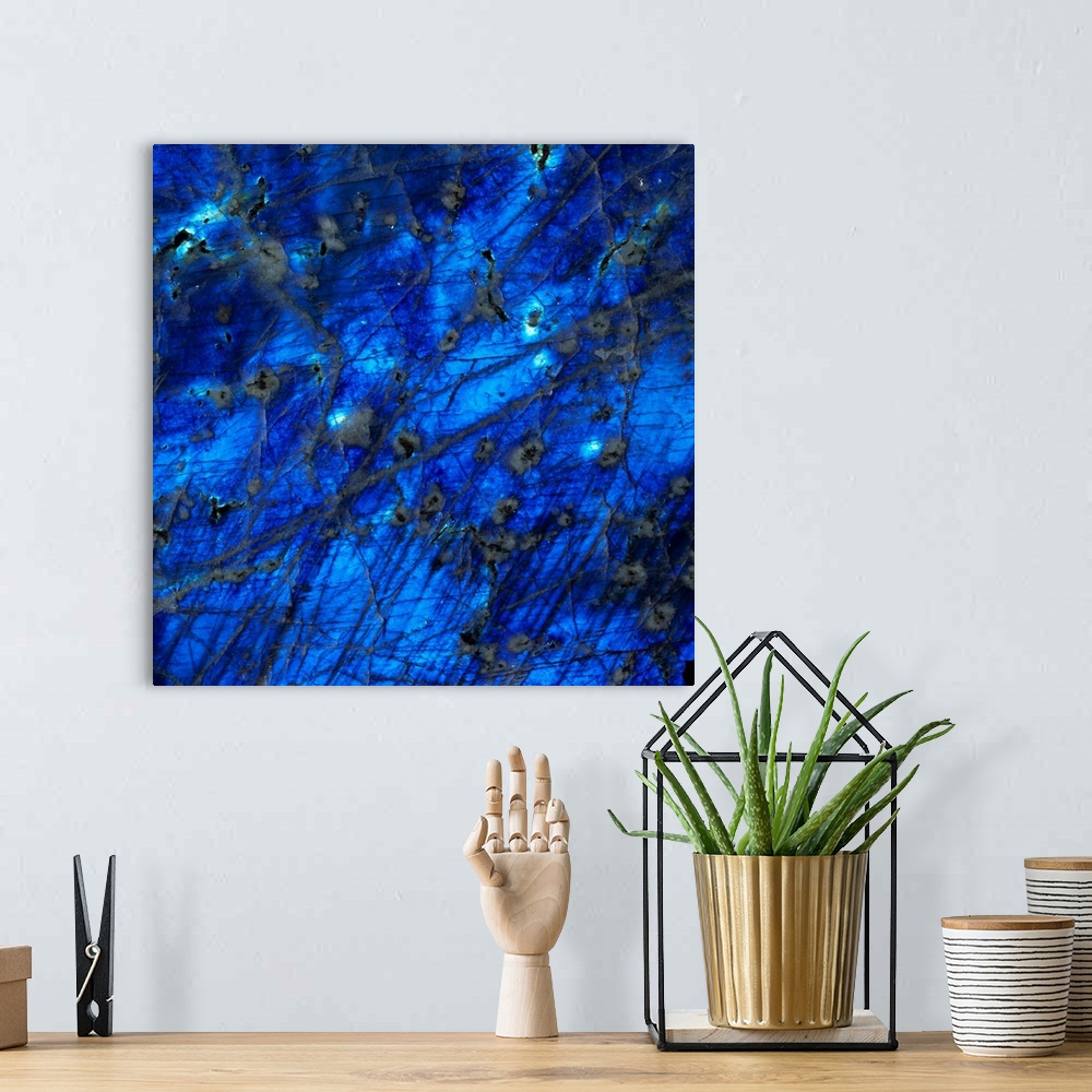 A bohemian room featuring Labradorite. Close-up of the surface of a rich blue specimen of the mineral labradorite (calcium ...