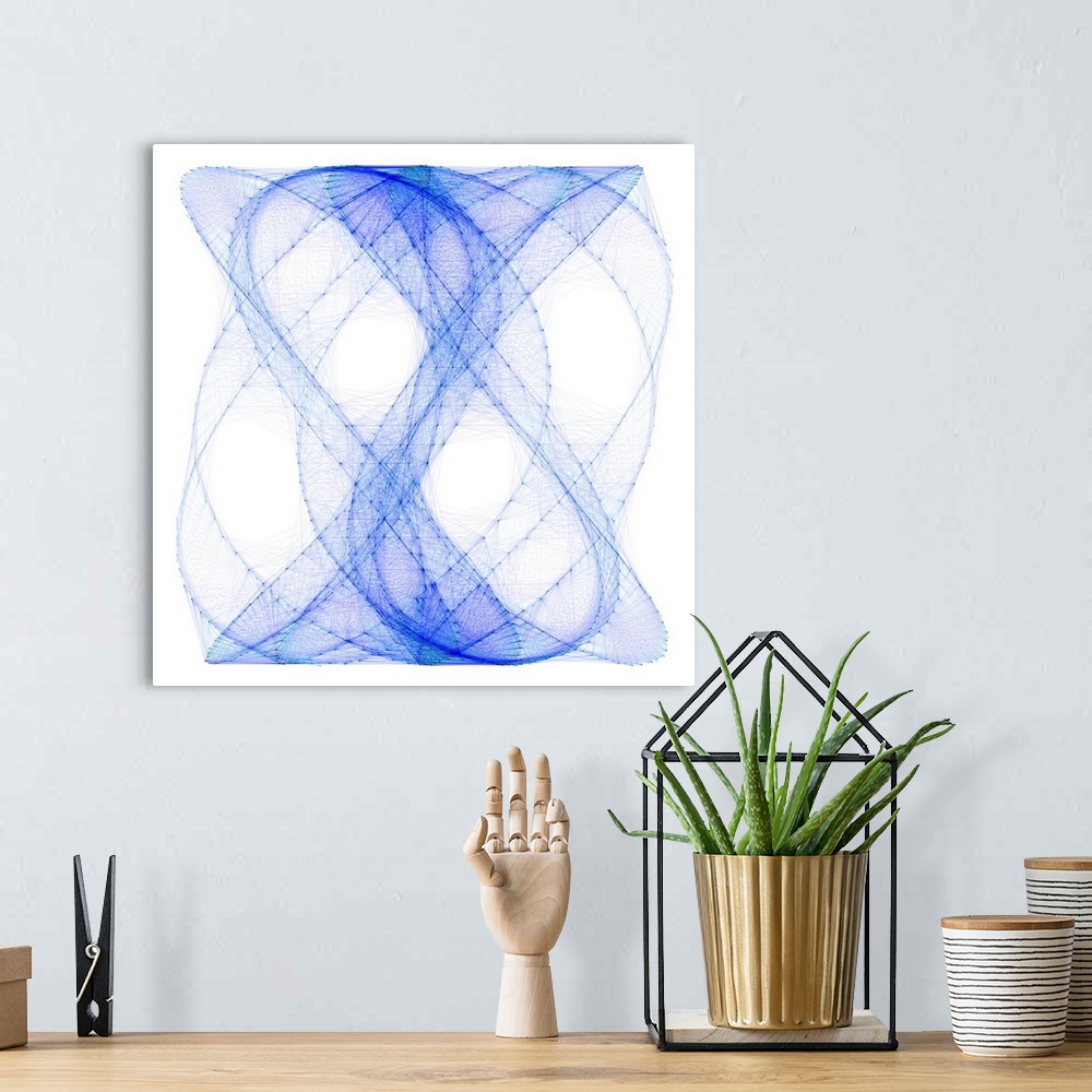 A bohemian room featuring Computer artwork of a Lissajous figure or Bowditch curve, which is the graph of a system of param...