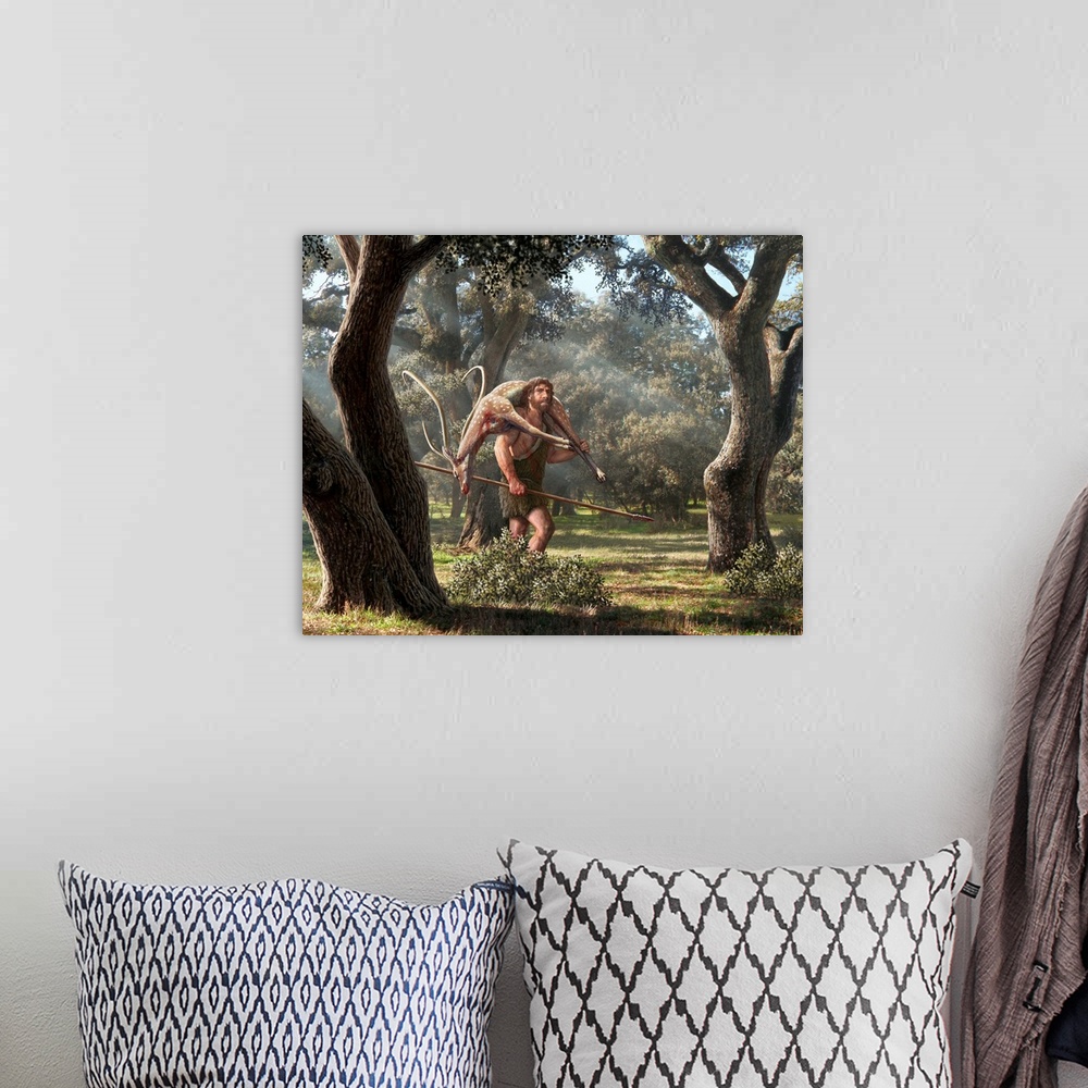 A bohemian room featuring Neanderthal hunter. Illustration of a Neanderthal hunter in woodland with a spear, returning home...