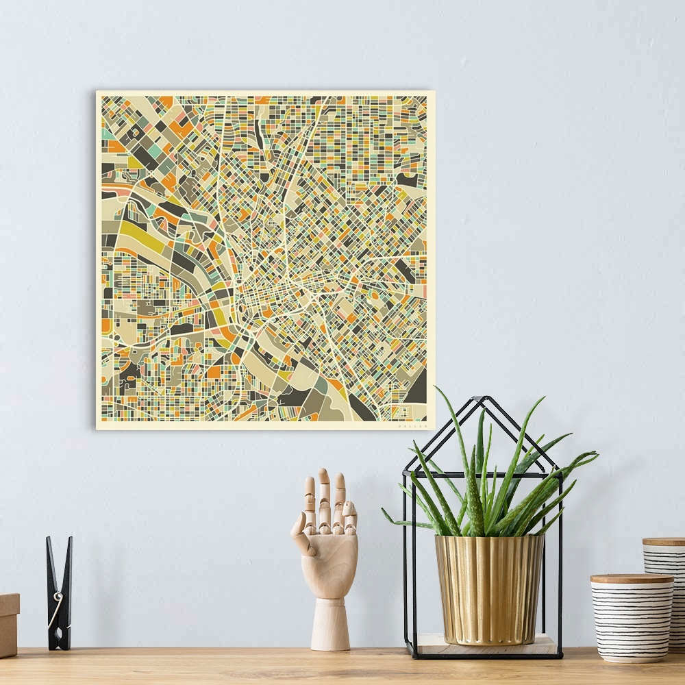 A bohemian room featuring Colorfully illustrated aerial street map of Dallas, Texas on a square background.