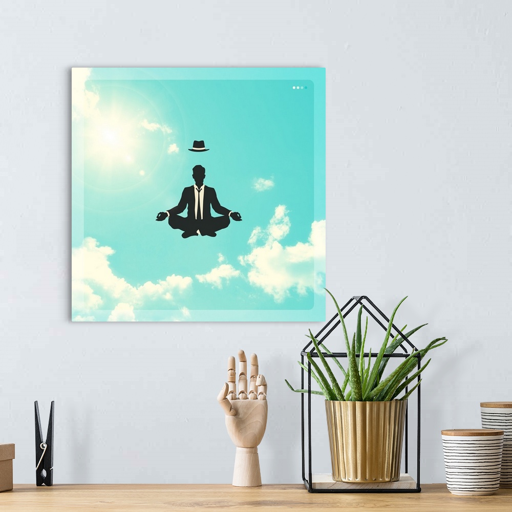 A bohemian room featuring Conceptual illustration of a man in black and white meditating while floating in the bright, clou...