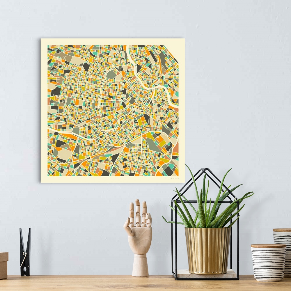A bohemian room featuring Colorfully illustrated aerial street map of Vienna, Austria on a square background.