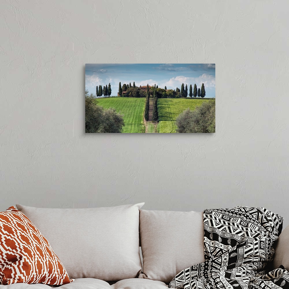 A bohemian room featuring Beautiful home and Italian Cypress trees in Tuscany.