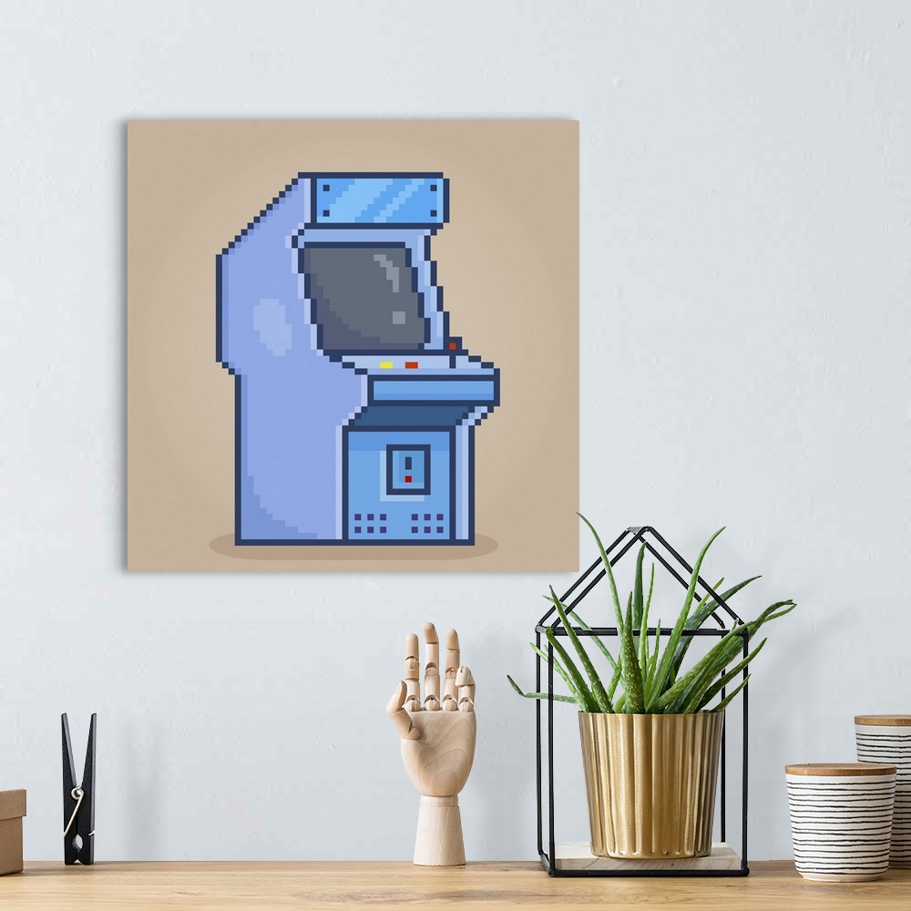 A bohemian room featuring 8-bit pixel of a retro game console. Video game machine. Originally a vector illustration.