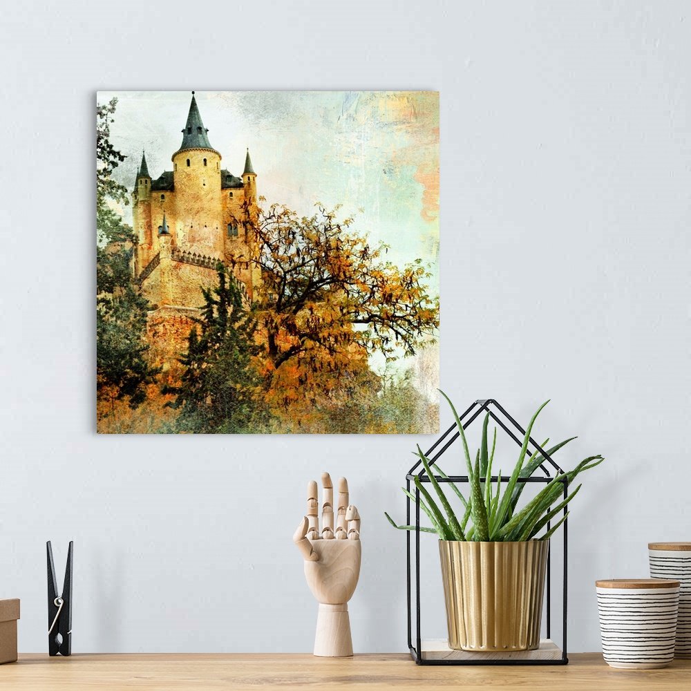 A bohemian room featuring medieval castle Alcazar, Segovia,Spain- picture in painting style