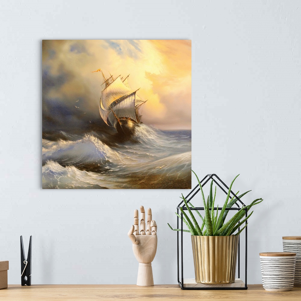 A bohemian room featuring Ancient sailing vessel in stormy sea
