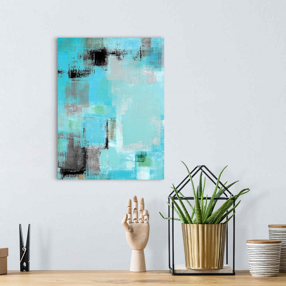 A bohemian room featuring Modern grey and blue abstract painting with simple lines and texture.