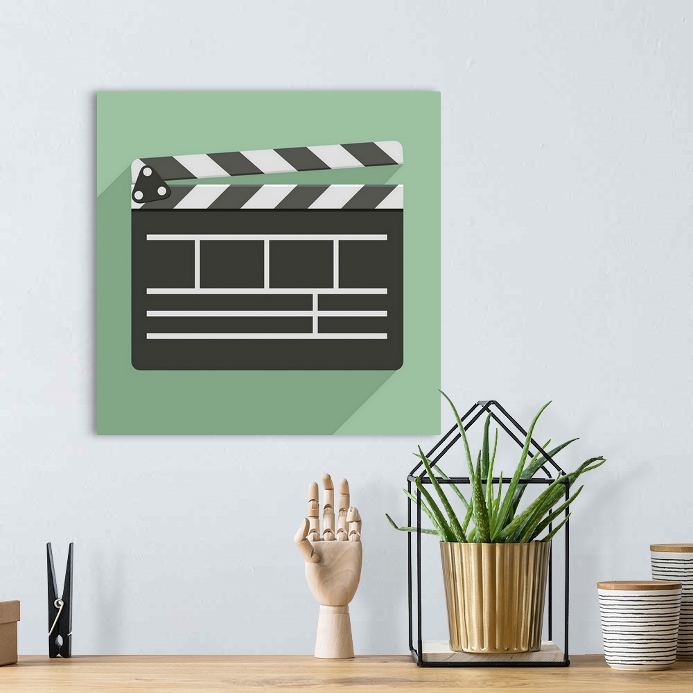 A bohemian room featuring minimalistic illustration of a clapper board, symbol for film and video
