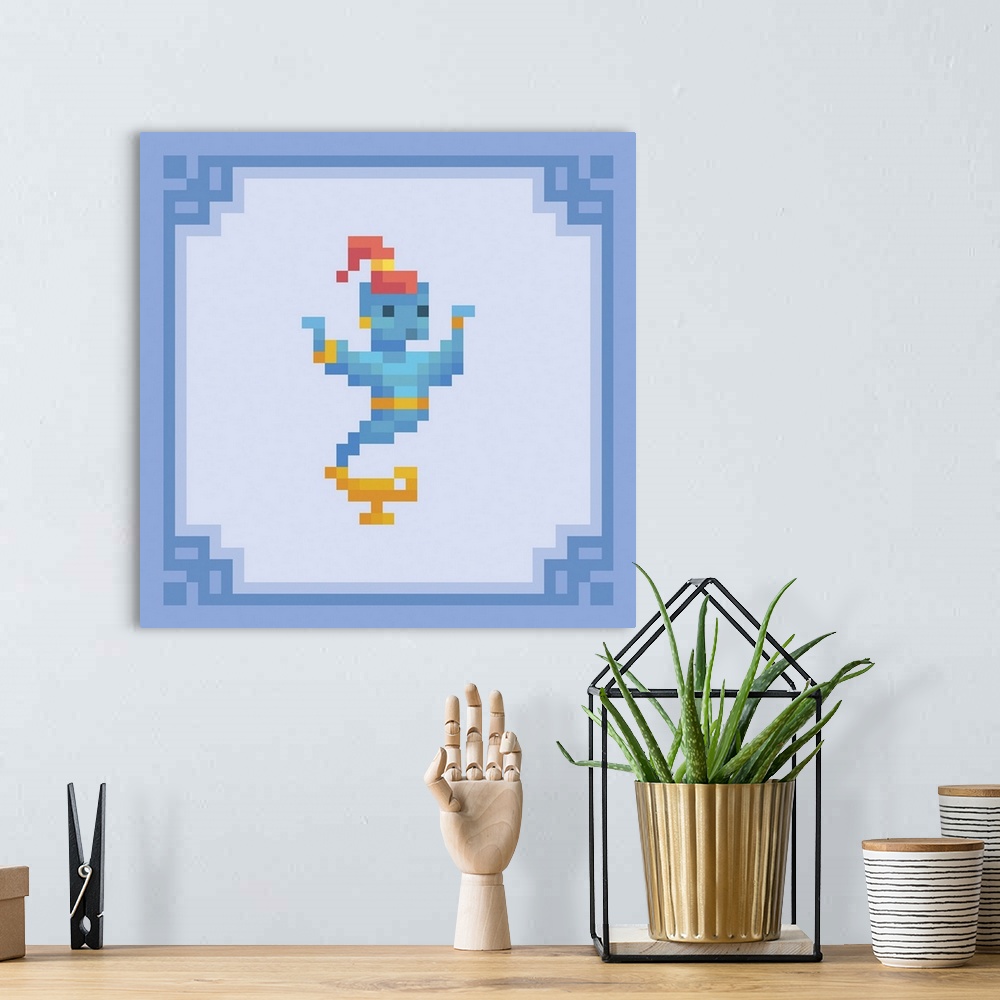 A bohemian room featuring Genie appear from magic lamp. Pixel art character. Originally a vector illustration in 8 bit style.
