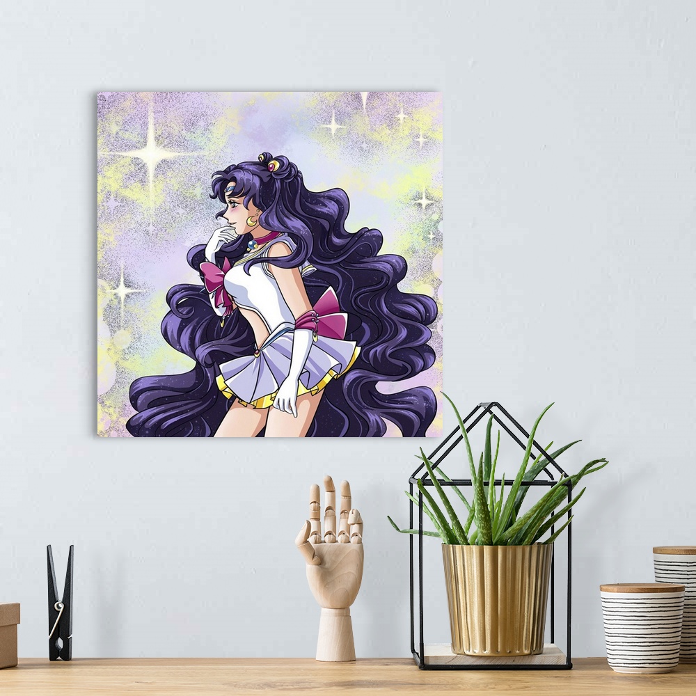 A bohemian room featuring Sailor moon, purple hair warrior girl.