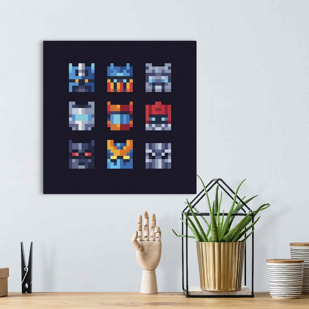 A bohemian room featuring Tiny abstract mech faces. Pixel icons. Originally a vector illustration.