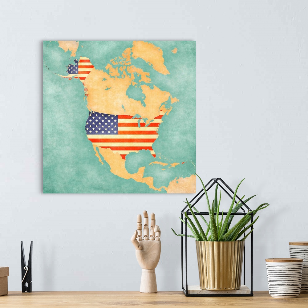 A bohemian room featuring Map of North America - USA (Vintage Series)