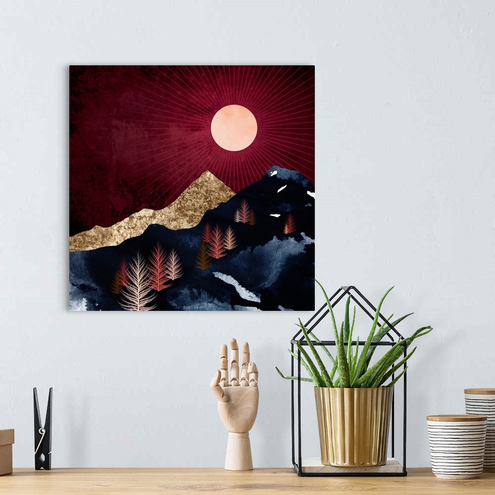 A bohemian room featuring Abstract autumn night landscape with mountains, trees, gold, blue and crimson.