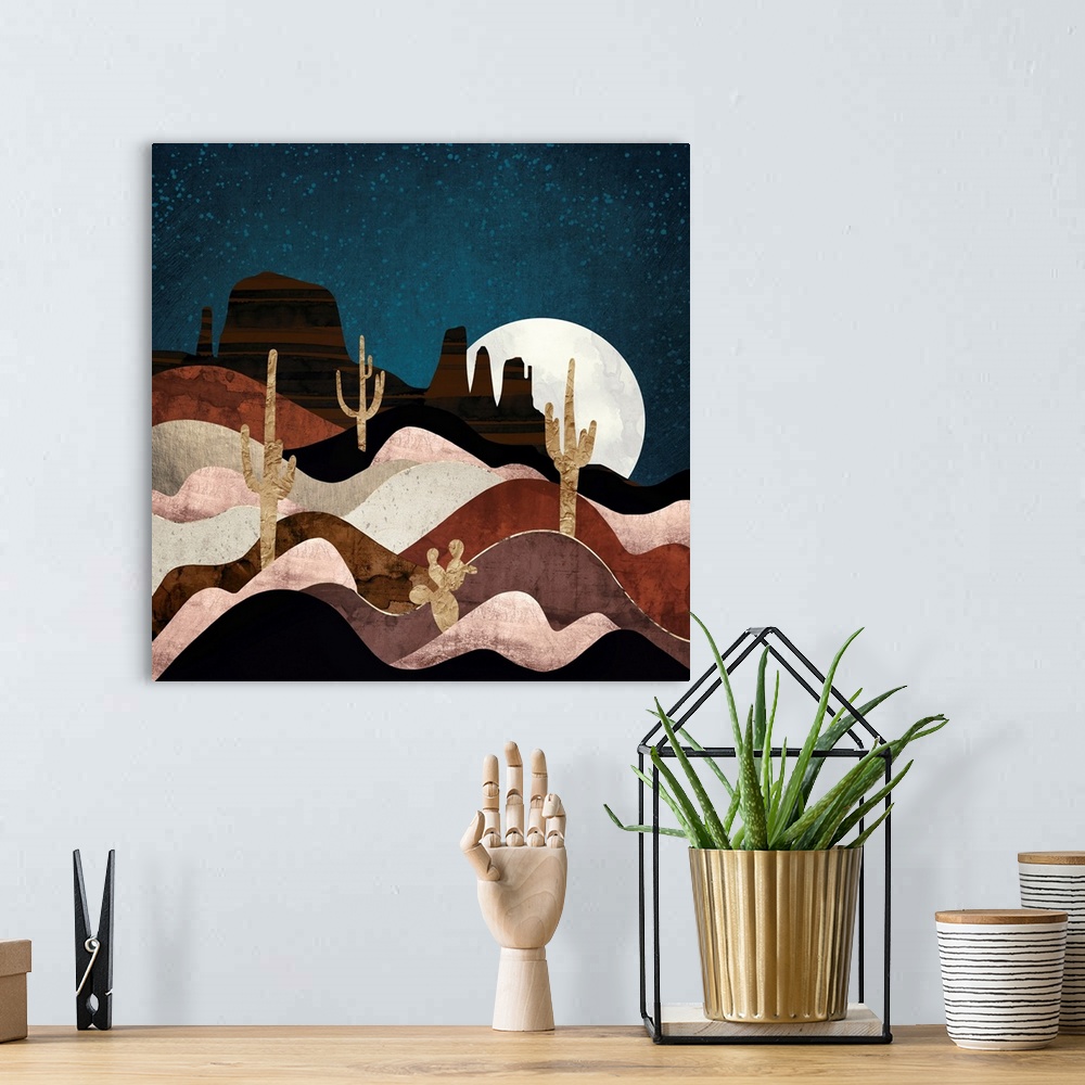 A bohemian room featuring Abstract desert landscape with stars, cacti, mountains, gold, brown and pink.