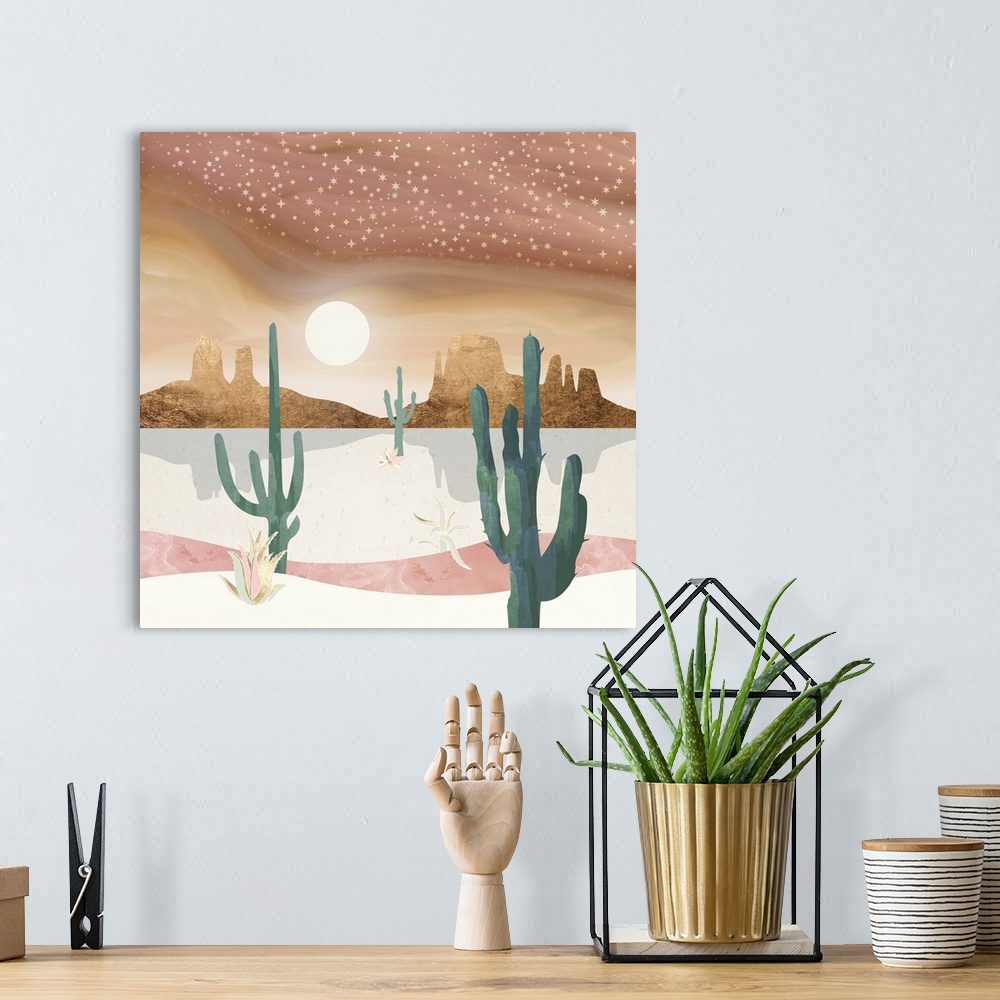 A bohemian room featuring Abstract desert scene featuring a honey sky, mountains, stars, gold, cactus, pink and green.
