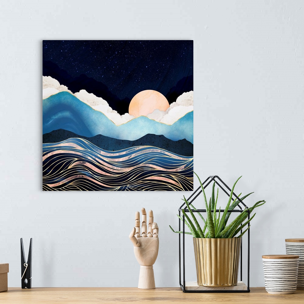 A bohemian room featuring Abstract depiction of a star sea with mountains, waves, gold and blue.