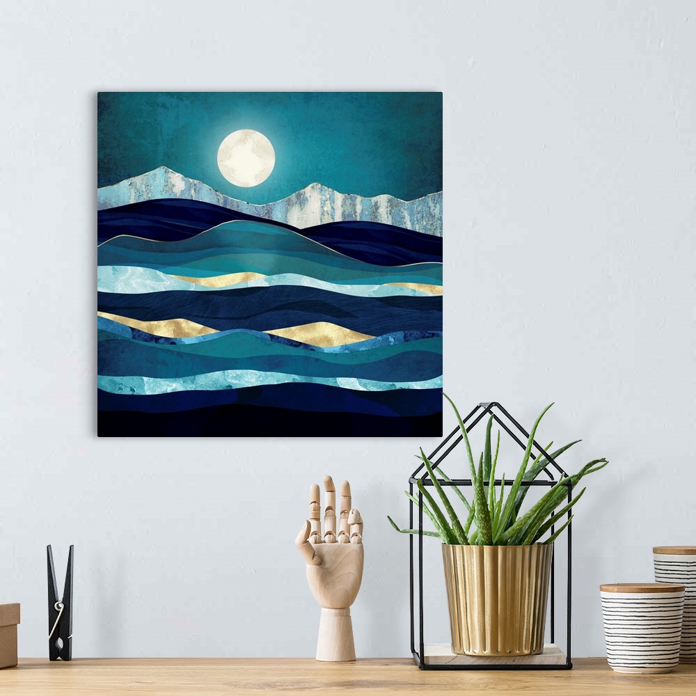A bohemian room featuring Abstract landscape of rolling waves featurine water, moon, blue, gold and texture.