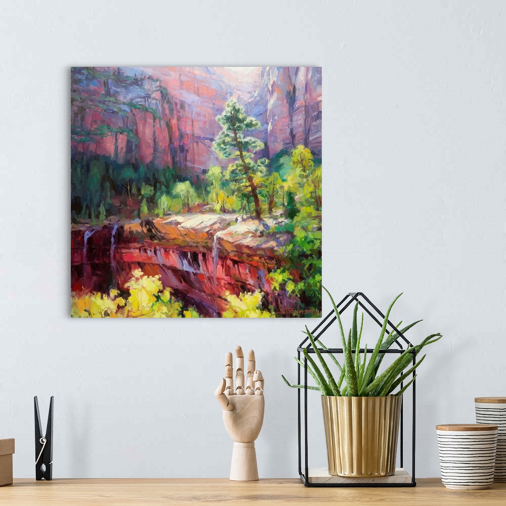 A bohemian room featuring Traditional impressionist painting of the Emerald Pools at Zion National Park, at twilight just a...